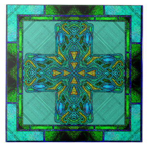 Azulejo De Cerâmica Cruz Celta em Vidro Colorido em Dourado e Verde