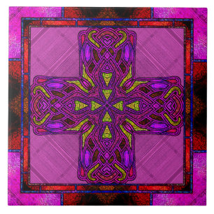 Azulejo De Cerâmica Cruz Celta em Vidro Colorido Rosa e Roxo