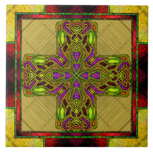 Azulejo De Cerâmica Cruz Celta em Vidro Colorido Vermelho e Dourado