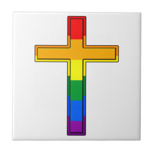 Azulejo De Cerâmica Cruz Cristã nas Cores da Bandeira Gay