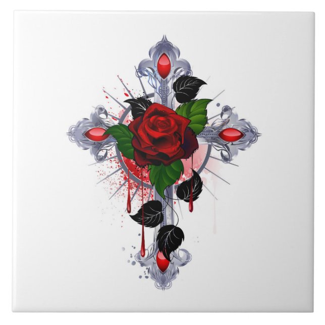 Azulejo De Cerâmica Cruz de Prata com Rosa vermelha (Frente)