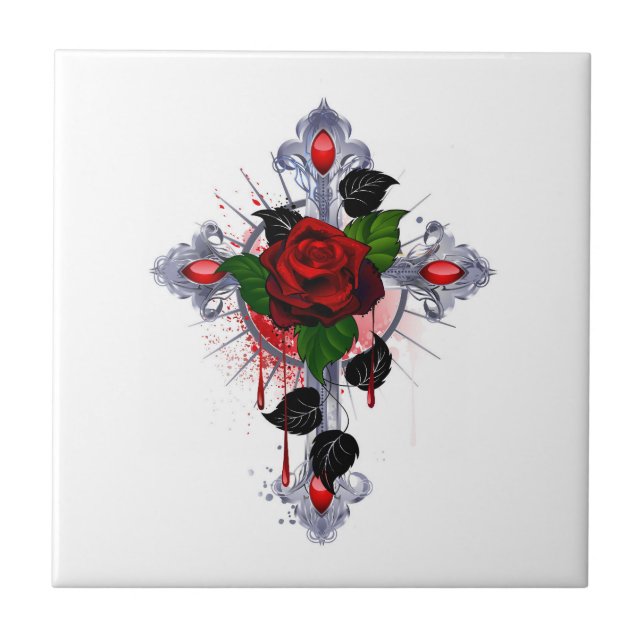 Azulejo De Cerâmica Cruz de Prata com Rosa vermelha (Frente)