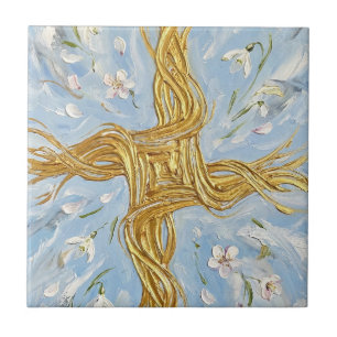 Azulejo De Cerâmica Cruz de Santa Brígida Snowdrops Golden Imbolc Arte