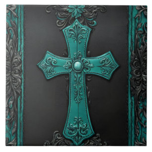 Azulejo De Cerâmica Cruz Teal Religiosa Cristã Ocidental