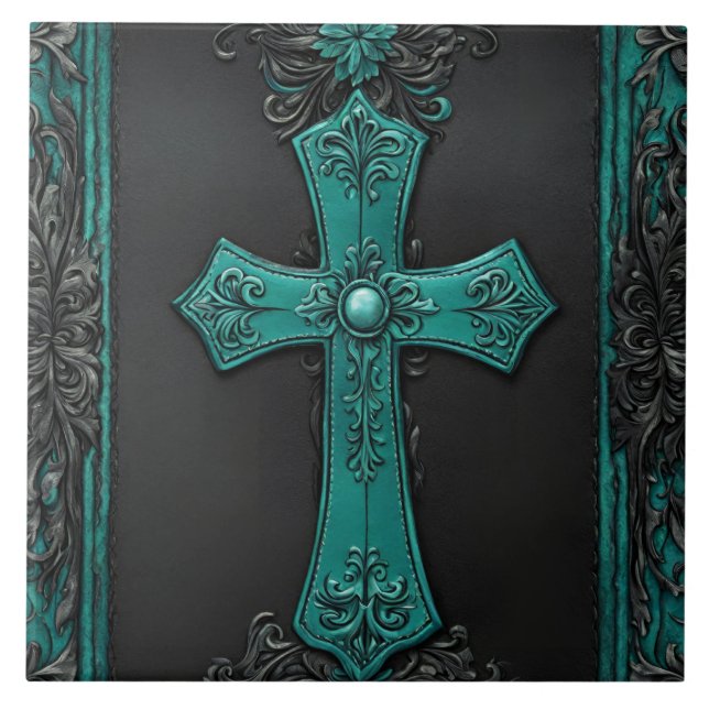 Azulejo De Cerâmica Cruz Teal Religiosa Cristã Ocidental (Frente)