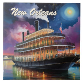 Azulejo De Cerâmica Cruzeiro Noturno de Barco a Vapor em New Orleans