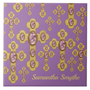 Azulejo De Cerâmica Cruzes Amigadas com 6 Faux Purple Agates -