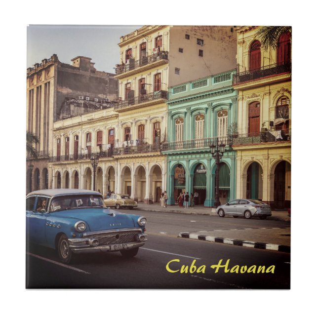 Azulejo De Cerâmica Cuba Havana Vintage Carro Clássico (Frente)