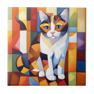 Azulejo De Cerâmica Cubist Calico Cat Art