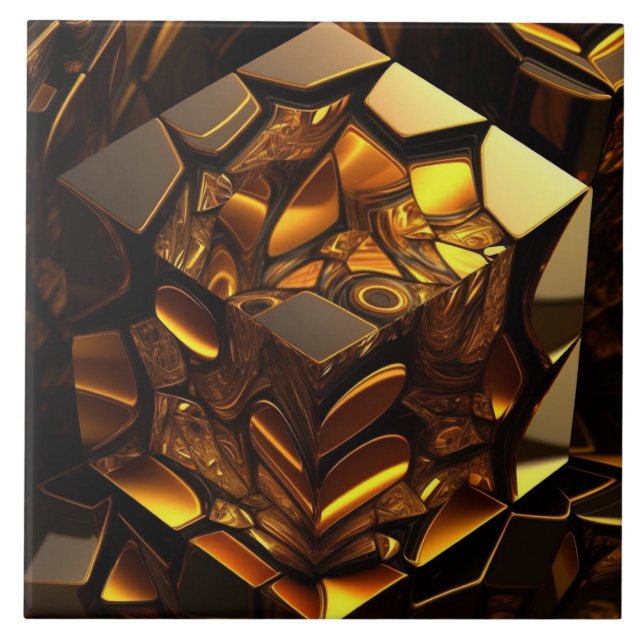 Azulejo De Cerâmica Cubo âmbar e dourado, efeito 3D (Frente)