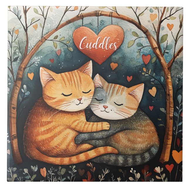 Azulejo De Cerâmica Cudles Snuggles e Gatinho Love Illustration Art (Frente)