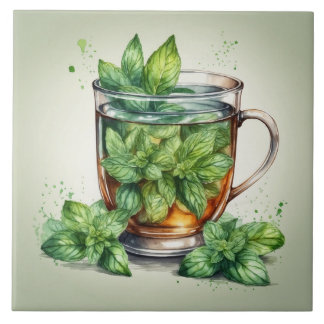 Azulejo De Cerâmica Cup of Mint Tea with Fresh Peppermint Leaves