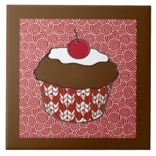 Azulejo De Cerâmica Cupcake de chocolate em padrão vermelho e branco