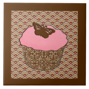 Azulejo De Cerâmica Cupcake de Fosco Rosa de Morango