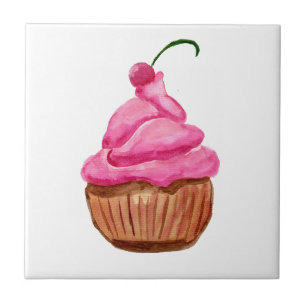 Azulejo De Cerâmica Cupcake rosa com cereja