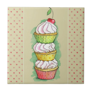 Azulejo De Cerâmica Cupcakes da aguarela. Ilustração da cozinha