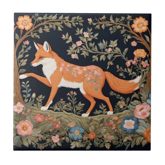 Azulejo De Cerâmica Curiosa Fox Faux Embroiderme Elegante Floral (Frente)