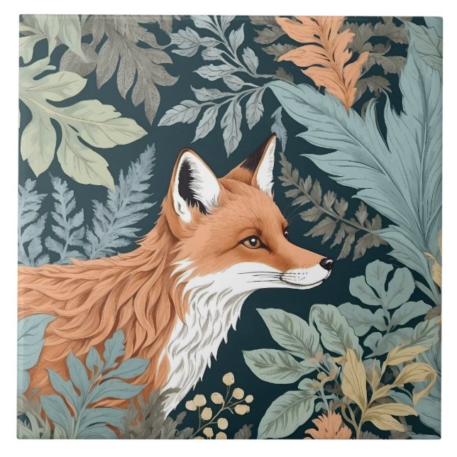 Azulejo De Cerâmica Curiosa Fox Fern deixa William Morris inspirado (Frente)