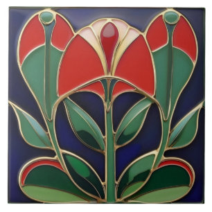 Azulejo De Cerâmica Curvas de Flor Verde e Vermelho da Arte Moderna No