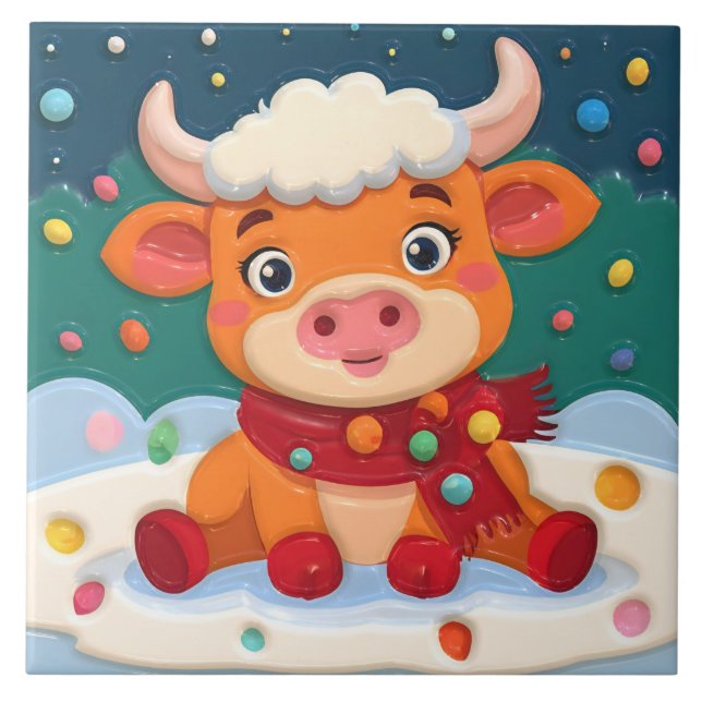 Azulejo De Cerâmica Cute Baby Highland Cow w Christmas Lights on Teal (Frente)