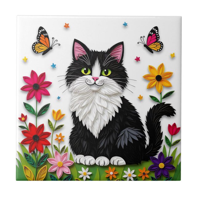 Azulejo De Cerâmica Cute Black and White Cat, Flowers and Butterflies (Frente)