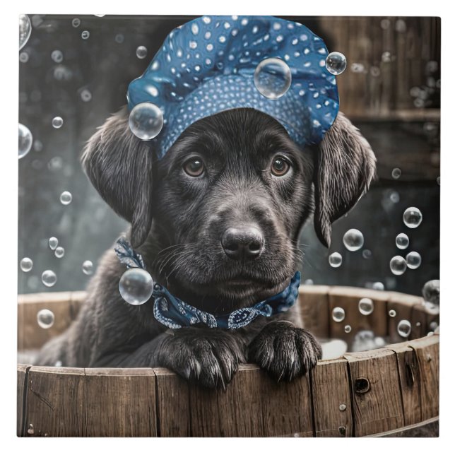 Azulejo De Cerâmica Cute Black Lab Puppy Dog Spa Bubble Bath (Frente)