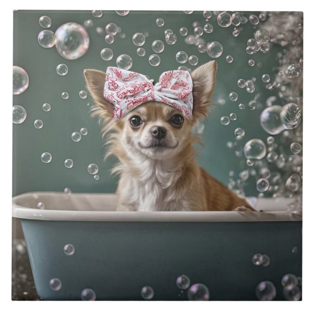 Azulejo De Cerâmica Cute Chihuahua Bubble Bath  (Frente)