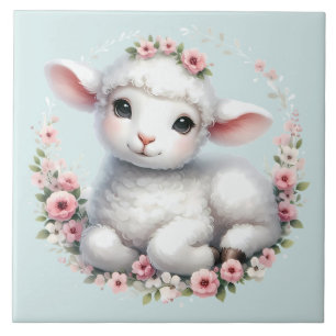 Azulejo De Cerâmica Cute Cordeiro com Ilustração de Coroa Floral