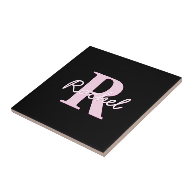 Azulejo De Cerâmica Cute Customizable Monogram | Light Pink & Black (Lateral)