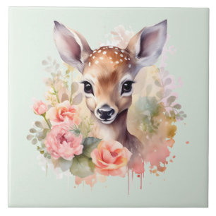 Azulejo De Cerâmica Cute Deer Cercado Por Rosas