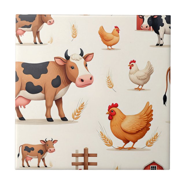 Azulejo De Cerâmica Cute Farm Animals Barn Pattern (Frente)