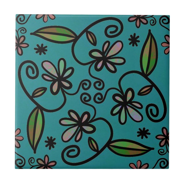 Azulejo De Cerâmica Cute Floral Pattern Teal (Frente)