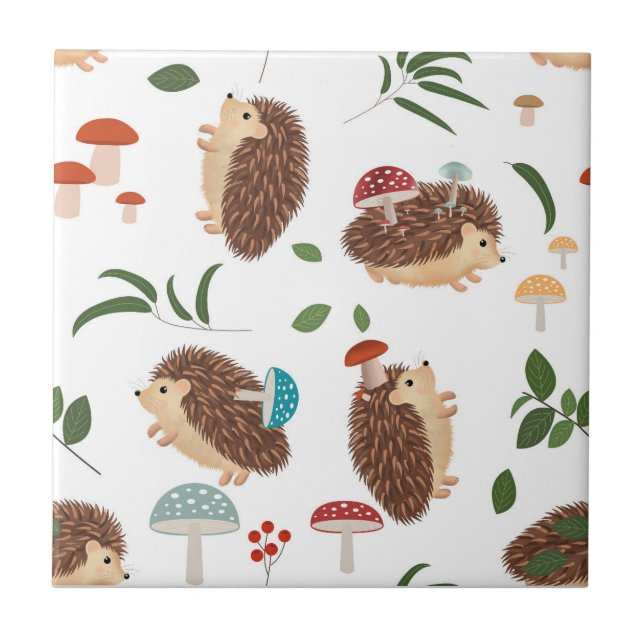 Azulejo De Cerâmica Cute Hedgehog Mushrooms Woodland Forest Animal (Frente)