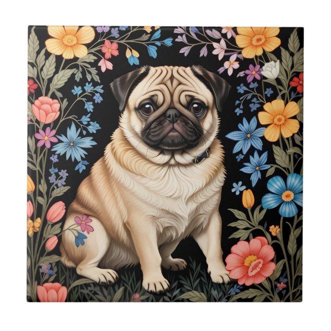 Azulejo De Cerâmica Cute Pug Elegant Colorful Floral (Frente)