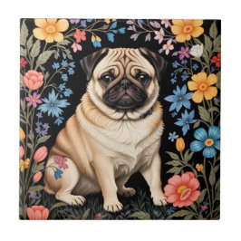 Azulejo De Cerâmica Cute Pug Elegante Floral Colorido