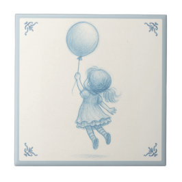 Azulejo De Cerâmica Cute retro pastel blue whimsical girl with balloon