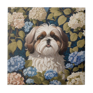 Azulejo De Cerâmica Cute Shih Tzu Puppy Blue hydrangea flores