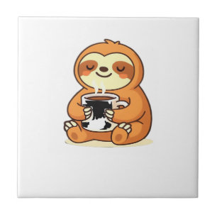 Azulejo De Cerâmica Cute Sloth Relaxando com Café Quente Camiseta Prem