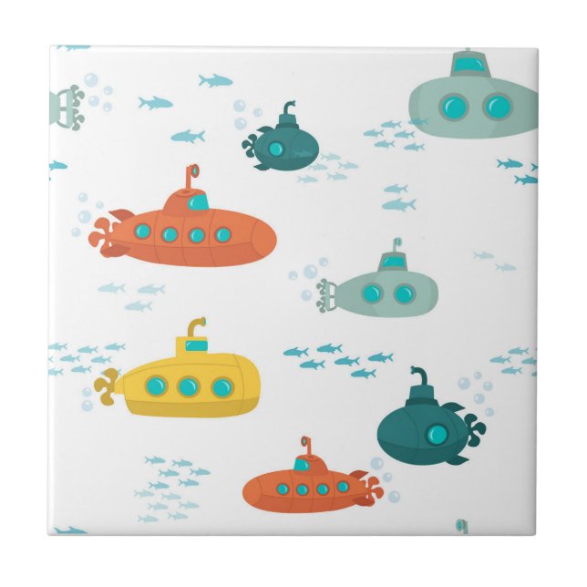 Azulejo De Cerâmica Cute Submarine Nautical Deep Sea Fish Kids (Frente)