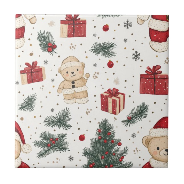 Azulejo De Cerâmica Cute Teddy Bear & Santa on White (3) (Frente)