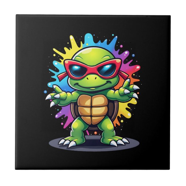 Azulejo De Cerâmica Cute Turtle Wearing Sunglasses Paint Splash Sea An (Frente)