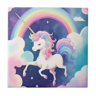 Azulejo De Cerâmica Cute Unicorn Night Sky Rainbow