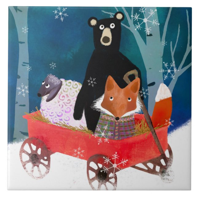 Azulejo De Cerâmica Cute Winter Friends in Red Wagon Ceramic Tile (Frente)