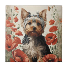 Cute Yorkshire Terrier Botanical Red Poppies