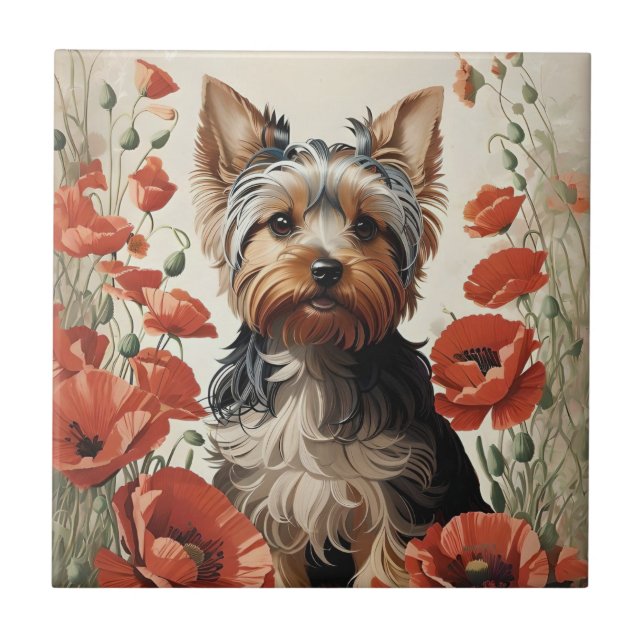 Azulejo De Cerâmica Cute Yorkshire Terrier Botanical Red Poppies (Frente)