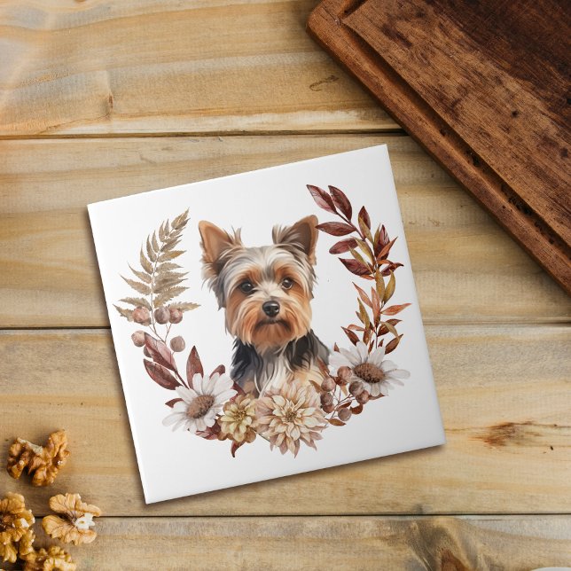 Azulejo De Cerâmica Cute Yorkshire Terrier Dog Autumn Wreath (Criador carregado)