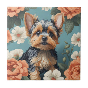 Azulejo De Cerâmica Cute Yorkshire Terrier Puppy Floral