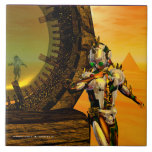 Azulejo De Cerâmica CYBORG TITAN,DESERT HYPERION Science Ficfi<br><div class="desc">Imagem de ficção artística e brilhante em cores amarela,  verde,  castanha,  branca. Titan cyborg da Hyperion com sua vibrante carapaça metálica cromada refletiva em um ambiente surreal com pirâmides,  sol quente,  deserto semelhante a uma paisagem egípcia,  quadro de animação do filme 3D Hyperion World .Baldesign3d (c)</div>
