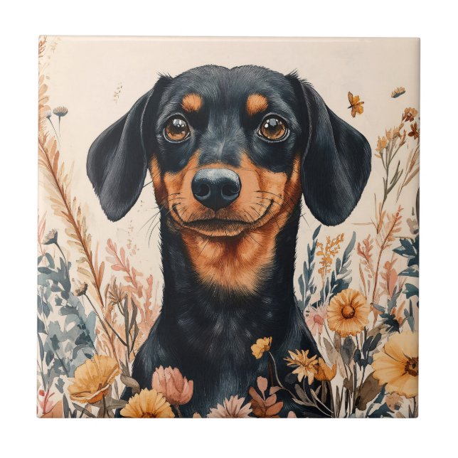 Azulejo De Cerâmica Dachshund Bonito com Pintura de Flores Selvagens (Frente)