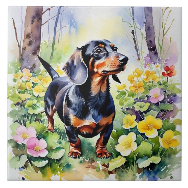 Azulejo De Cerâmica Dachshund Cute Saused Primavera primrose Flores (Frente)